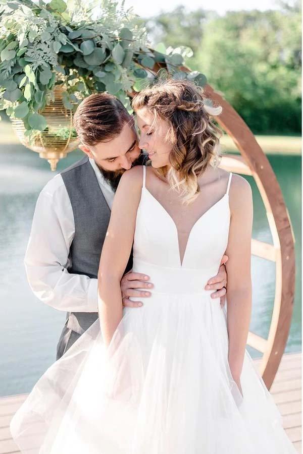 NumberSea Ivory A-line Tulle Spaghetti Straps Simple Wedding Dresses, Bridal Gown, MW707