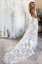NumberSea Ivory A-line V-neck Lace Backless Spaghetti Straps Beach Wedding Dresses, MW667