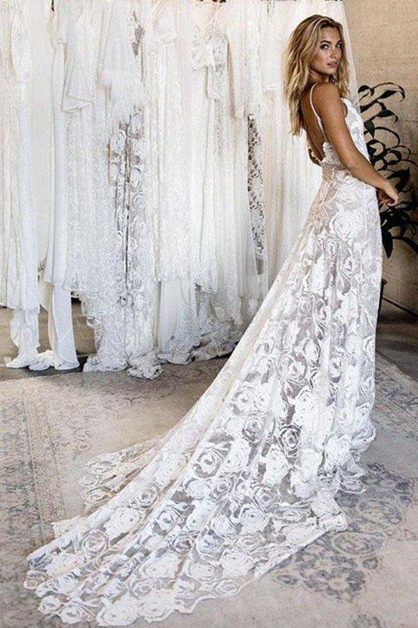 NumberSea Ivory A-line V-neck Lace Backless Spaghetti Straps Beach Wedding Dresses, MW667