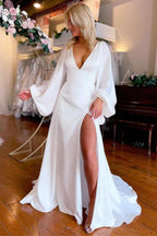 NumberSea Ivory A-line V-neck Long Sleeves Simple Wedding Dresses With Slit, MW1019