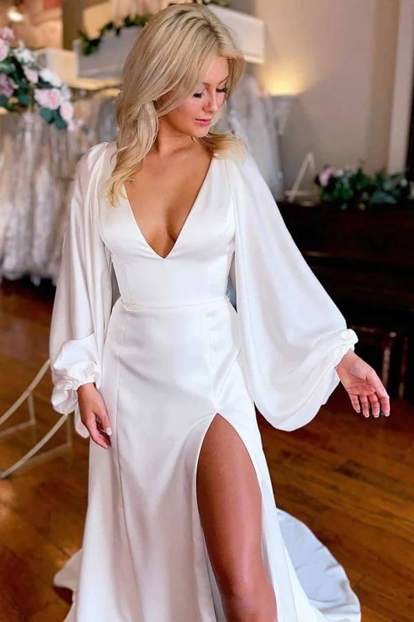 NumberSea Ivory A-line V-neck Long Sleeves Simple Wedding Dresses With Slit, MW1019