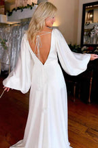 NumberSea Ivory A-line V-neck Long Sleeves Simple Wedding Dresses With Slit, MW1019