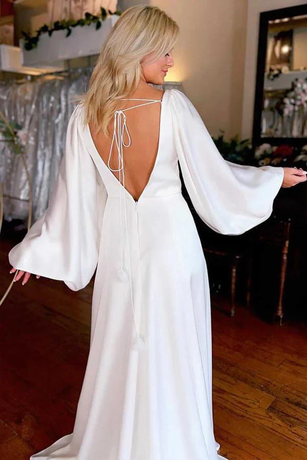 NumberSea Ivory A-line V-neck Long Sleeves Simple Wedding Dresses With Slit, MW1019