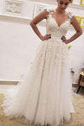 NumberSea Ivory A-line V-neck Wedding Dresses With Lace Appliques, Bridal Gown, MW925
