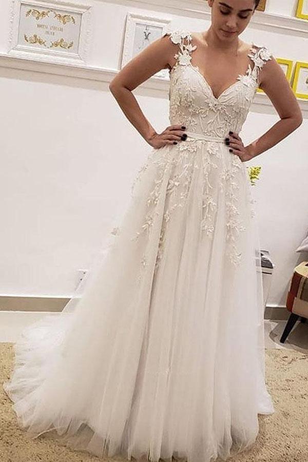NumberSea Ivory A-line V-neck Wedding Dresses With Lace Appliques, Bridal Gown, MW925