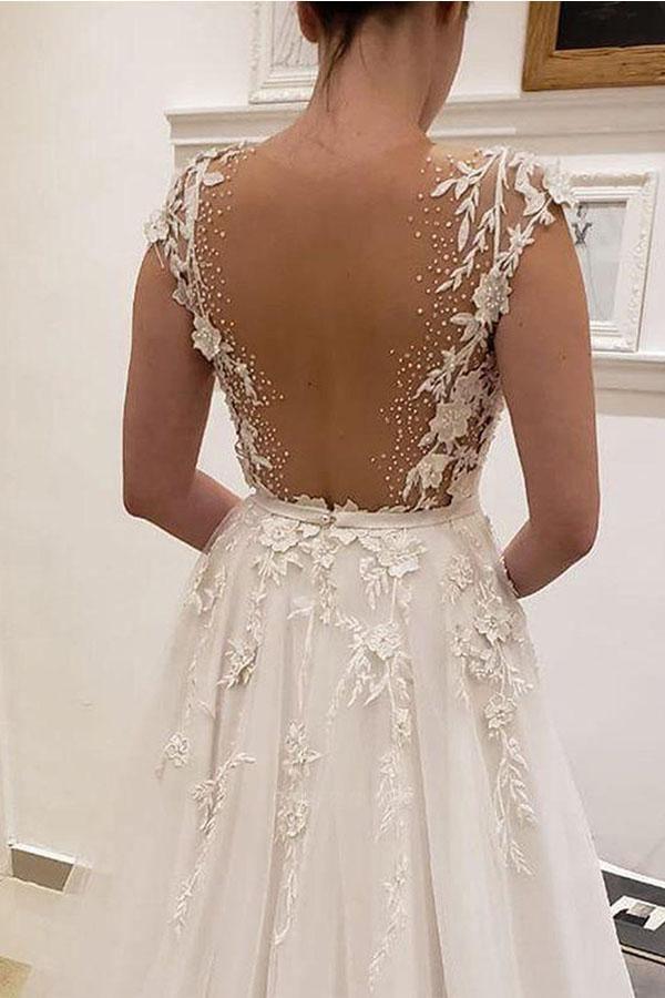 NumberSea Ivory A-line V-neck Wedding Dresses With Lace Appliques, Bridal Gown, MW925