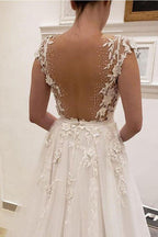 NumberSea Ivory A-line V-neck Wedding Dresses With Lace Appliques, Bridal Gown, MW925