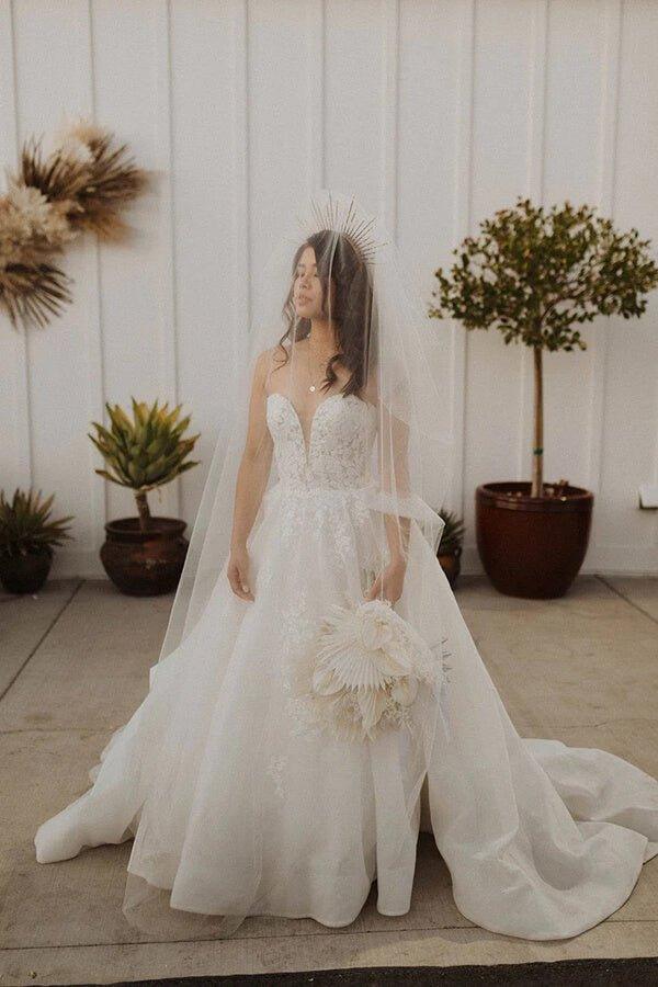 NumberSea Ivory Ball Gown Strapless Sweetheart Lace Appliques Wedding Dresses, MW958