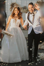 NumberSea Ivory Ball Gown Strapless Sweetheart Lace Appliques Wedding Dresses, MW958