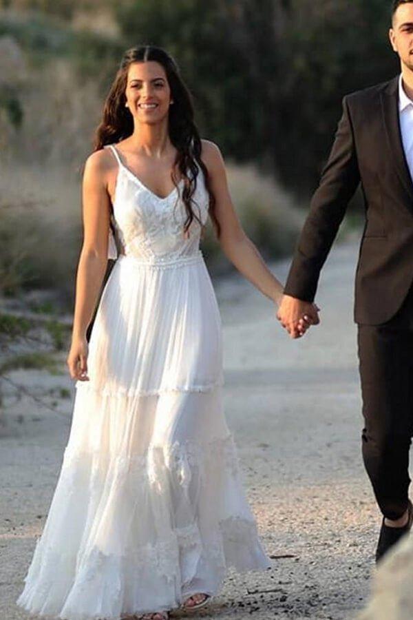 NumberSea Ivory Chiffon A-line V-neck lace Beach Wedding Dresses, Bridal gown, MW679