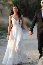 NumberSea Ivory Chiffon A-line V-neck lace Beach Wedding Dresses, Bridal gown, MW679