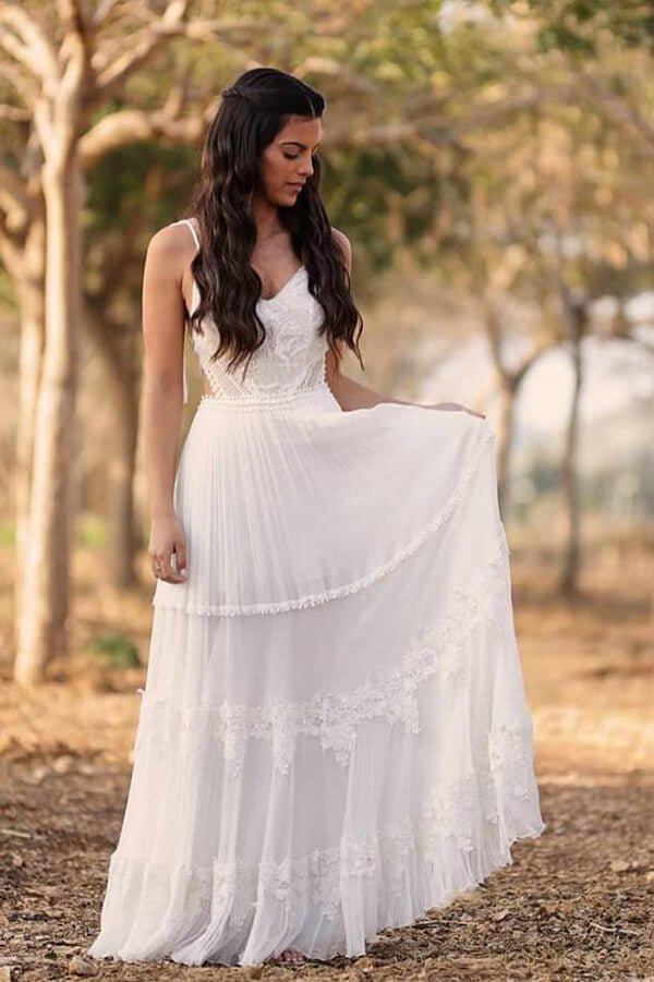 NumberSea Ivory Chiffon A-line V-neck lace Beach Wedding Dresses, Bridal gown, MW679