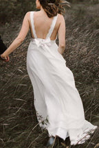 NumberSea Ivory Chiffon Backless A-line V-neck Lace Wedding Dresses, Bridal Gown, MW668