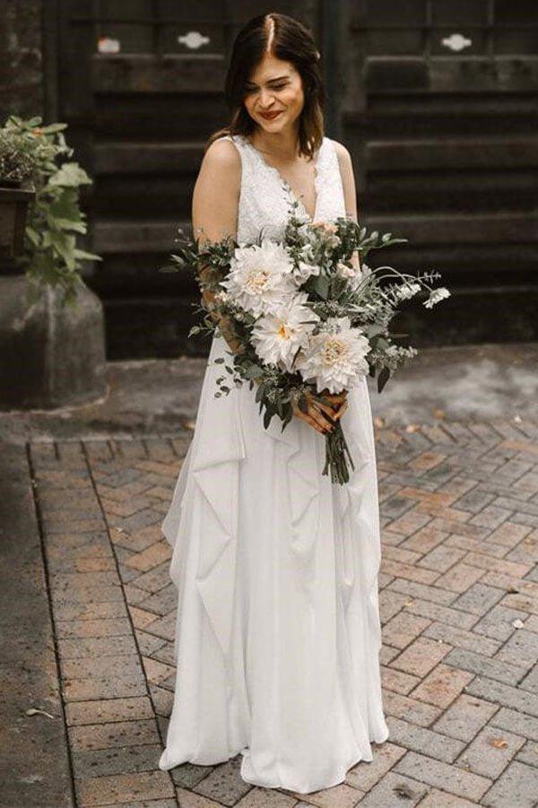NumberSea Ivory Chiffon Backless A-line V-neck Lace Wedding Dresses, Bridal Gown, MW668