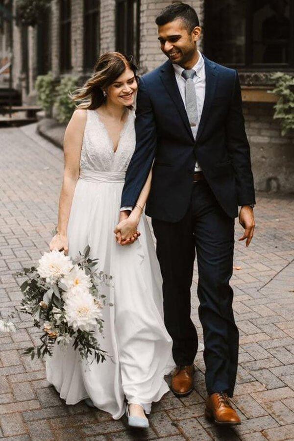 NumberSea Ivory Chiffon Backless A-line V-neck Lace Wedding Dresses, Bridal Gown, MW668