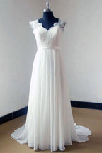 NumberSea Ivory Chiffon Lace V-neck Bodice Beach Wedding Dresses With Sweep Train, MW175