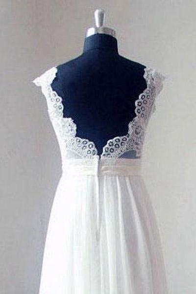 NumberSea Ivory Chiffon Lace V-neck Bodice Beach Wedding Dresses With Sweep Train, MW175