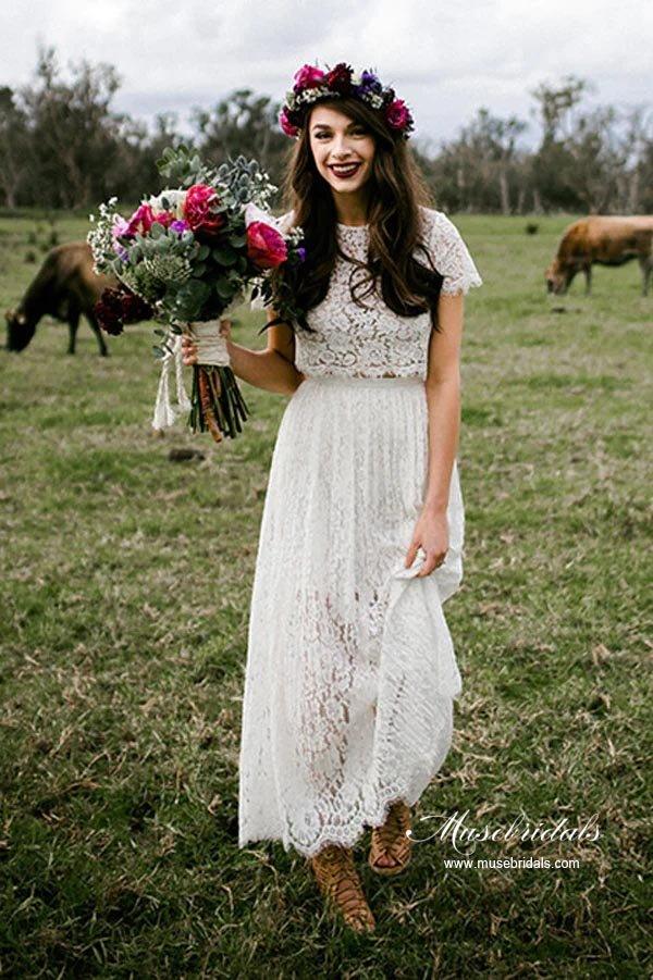 NumberSea Ivory Lace A-line Two Pieces Short Sleeves Beach Wedding Dresses, MW932