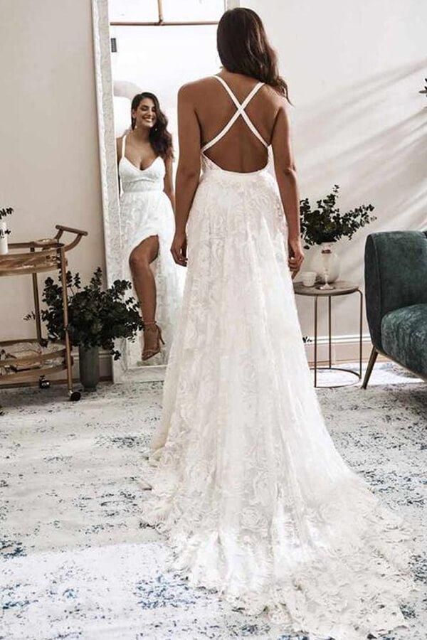 NumberSea Ivory Lace A-line V-neck Cross Back Wedding Dresses with High Slit, MW550