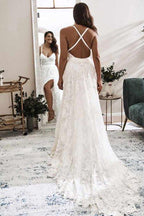NumberSea Ivory Lace A-line V-neck Cross Back Wedding Dresses with High Slit, MW550