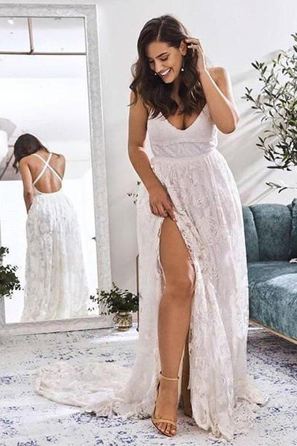 NumberSea Ivory Lace A-line V-neck Cross Back Wedding Dresses with High Slit, MW550