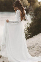 NumberSea Ivory Lace Long Sleeves A-line Chiffon Wedding Dresses, Bridal Gowns, MW526
