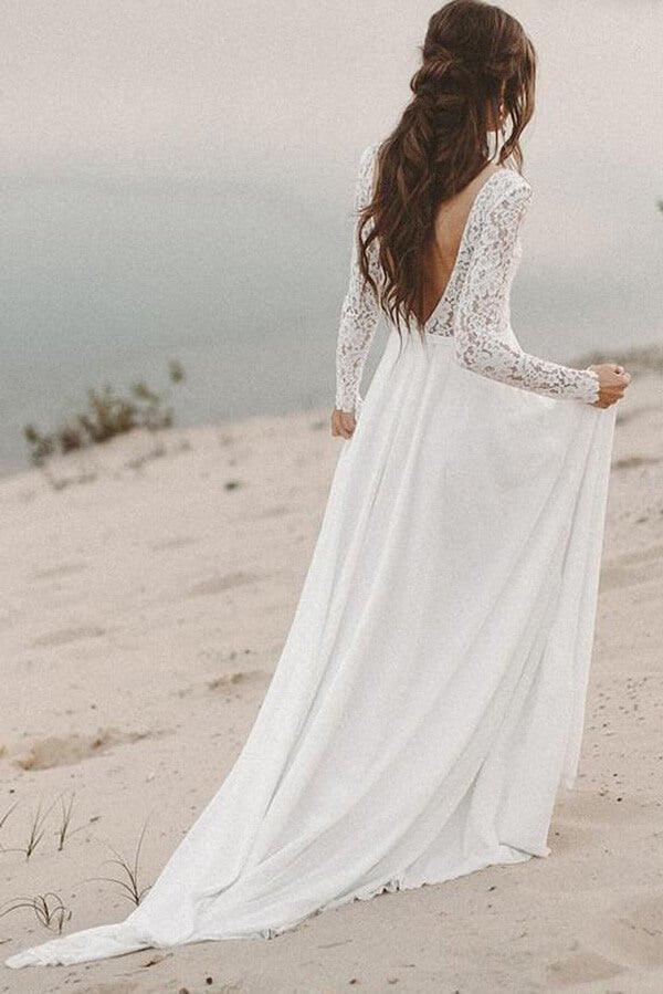 NumberSea Ivory Lace Long Sleeves A-line Chiffon Wedding Dresses, Bridal Gowns, MW526