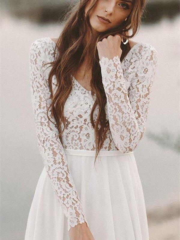 NumberSea Ivory Lace Long Sleeves A-line Chiffon Wedding Dresses, Bridal Gowns, MW526