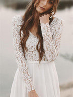 NumberSea Ivory Lace Long Sleeves A-line Chiffon Wedding Dresses, Bridal Gowns, MW526