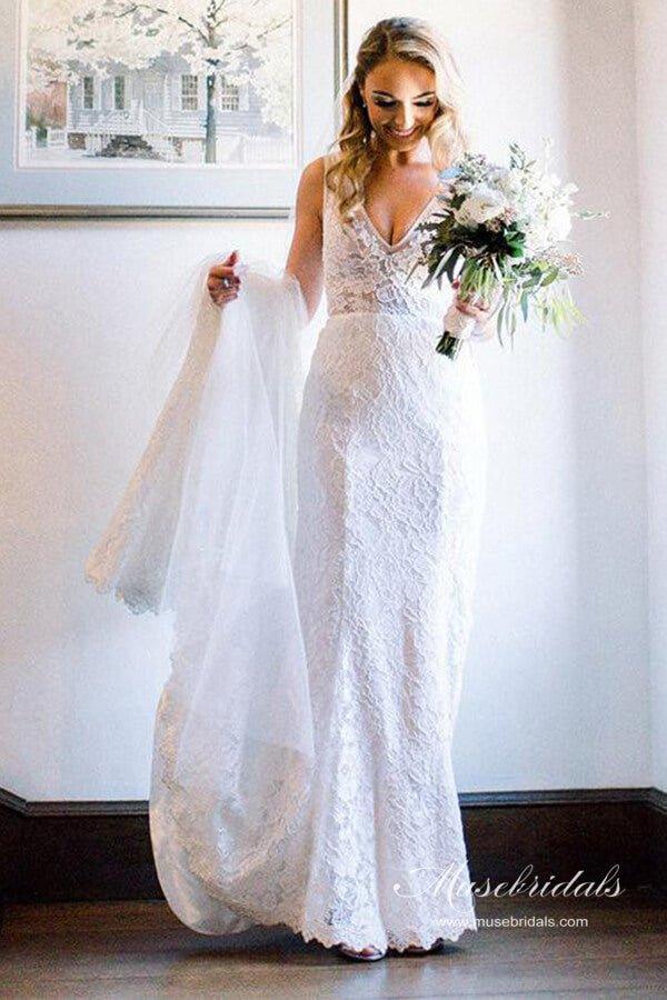 NumberSea Ivory Lace Mermaid Backless V-neck Beach Wedding Dresses, Bridal Gown, MW689