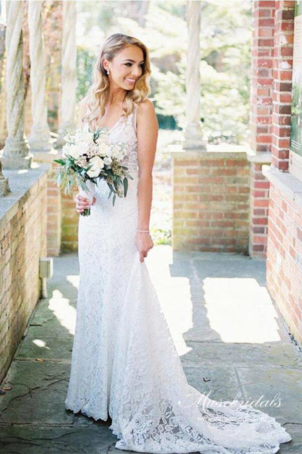 NumberSea Ivory Lace Mermaid Backless V-neck Beach Wedding Dresses, Bridal Gown, MW689