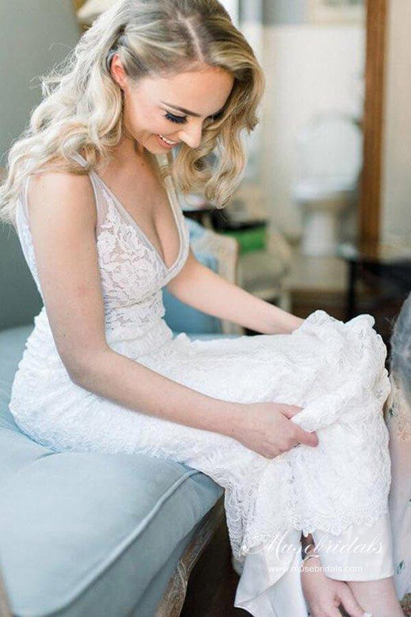 NumberSea Ivory Lace Mermaid Backless V-neck Beach Wedding Dresses, Bridal Gown, MW689