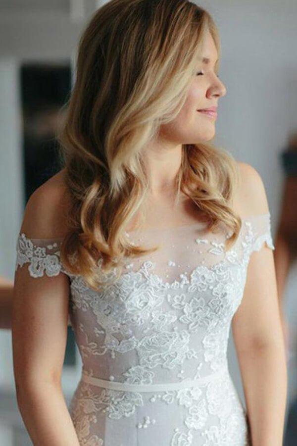 NumberSea Ivory Lace Mermaid Off-the-Shoulder Illusion Neckline Wedding Dresses, MW541