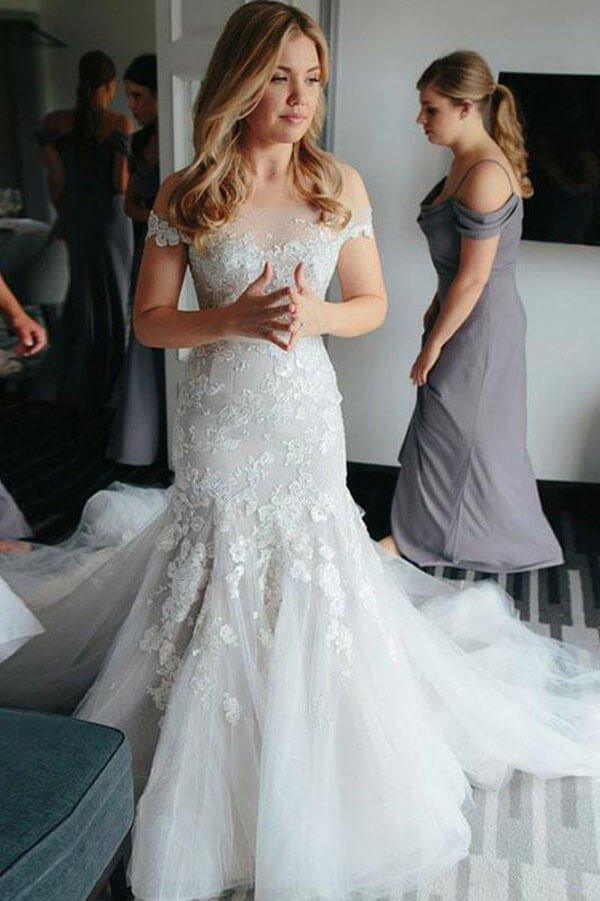 NumberSea Ivory Lace Mermaid Off-the-Shoulder Illusion Neckline Wedding Dresses, MW541
