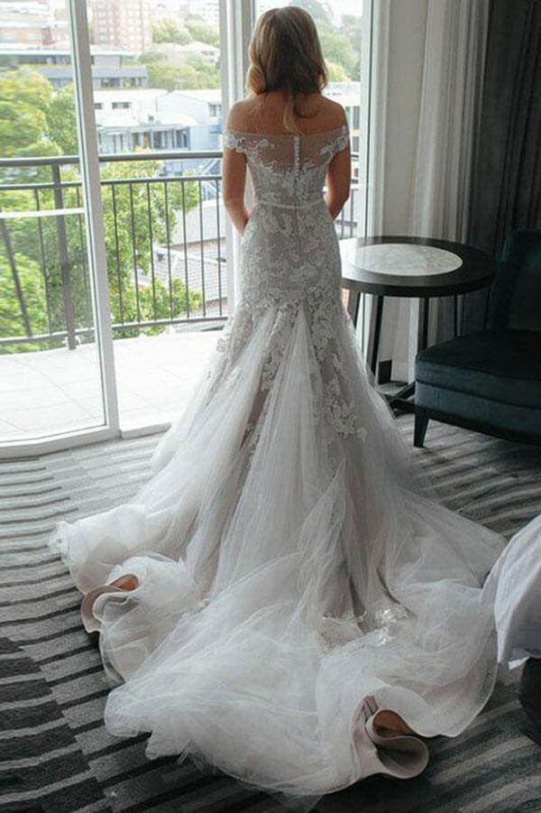 NumberSea Ivory Lace Mermaid Off-the-Shoulder Illusion Neckline Wedding Dresses, MW541