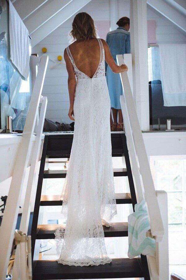 NumberSea Ivory Lace Mermaid Open Back V-neck Long Beach Wedding Dresses, MW682