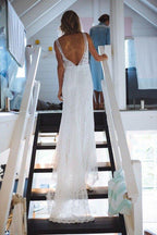 NumberSea Ivory Lace Mermaid Open Back V-neck Long Beach Wedding Dresses, MW682