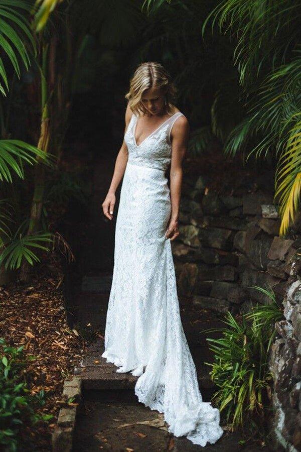 NumberSea Ivory Lace Mermaid Open Back V-neck Long Beach Wedding Dresses, MW682