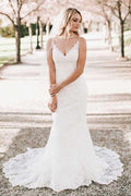 NumberSea Ivory Lace Mermaid V-neck Sweep Train Wedding Dresses, Bridal Gown, MW706