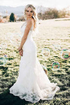 NumberSea Ivory Lace Mermaid V-neck Sweep Train Wedding Dresses, Bridal Gown, MW706