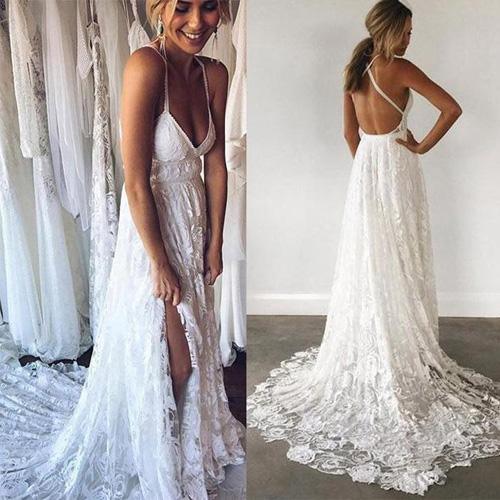 NumberSea Ivory Lace Open Back Spaghetti Strap Side Split Beach Wedding Dresses, MW169