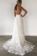 NumberSea Ivory Lace Open Back Spaghetti Strap Side Split Beach Wedding Dresses, MW169