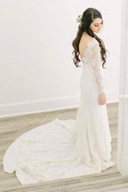 NumberSea Ivory Lace Sheath V-neck Long Sleeves Chapel Train Wedding Dresses, MW966
