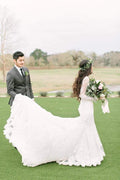 NumberSea Ivory Lace Sheath V-neck Long Sleeves Chapel Train Wedding Dresses, MW966