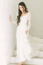 NumberSea Ivory Lace Sheath V-neck Long Sleeves Chapel Train Wedding Dresses, MW966