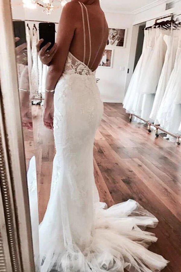 NumberSea Ivory Mermaid Backless Deep V-neck Lace Wedding Dresses, Bridal Gown, MW828