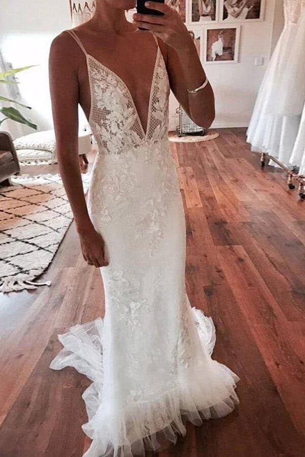 NumberSea Ivory Mermaid Backless Deep V-neck Lace Wedding Dresses, Bridal Gown, MW828
