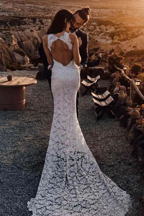NumberSea Ivory Mermaid Backless Lace Wedding Dresses With Slit, Bridal Gown, MW999