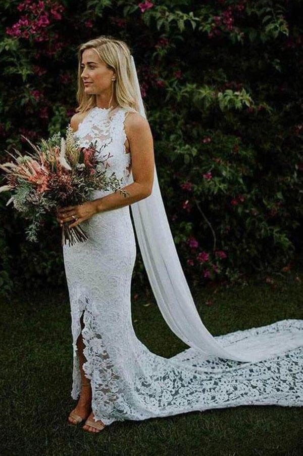 NumberSea Ivory Mermaid Backless Lace Wedding Dresses With Slit, Bridal Gown, MW999