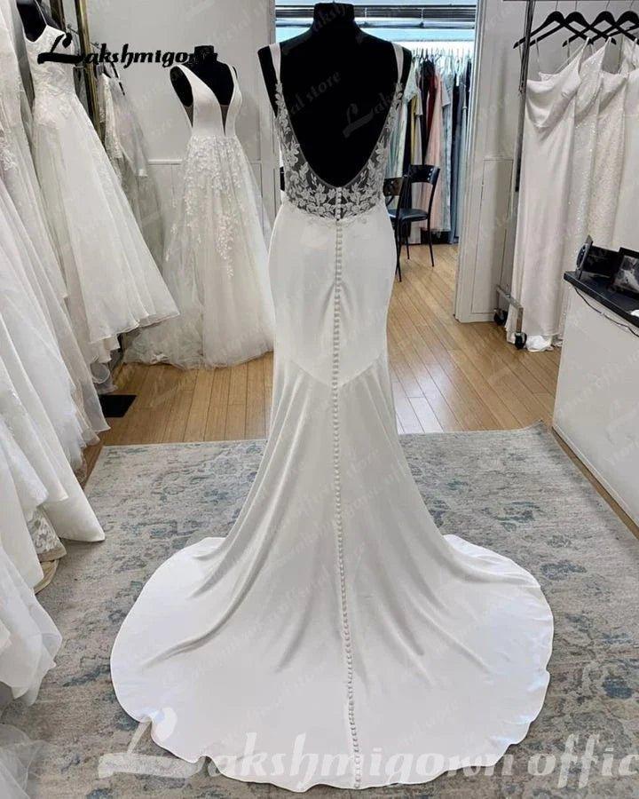 NumberSea Ivory Mermaid Wedding Dress Satin Pleat Bride Dresses Appliques Beach Boho Wedding Party Dress